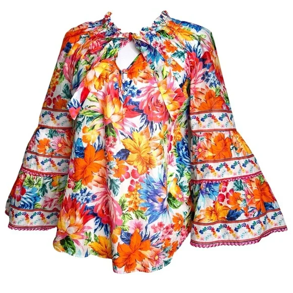 Hale Bob Top Lucinda Pink Orange Blue Floral Bell Sleeve Boho Resort Blouse M - Picture 4 of 15